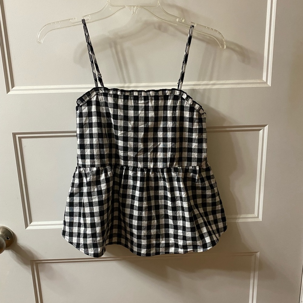 Black and white checkered summer top with adjustable straps, size small
